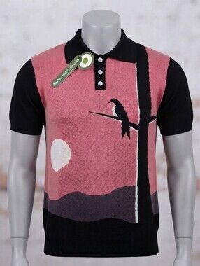 OXKNIT Men's Vintage Style Retro Black and Pink Knitted Poloshirt